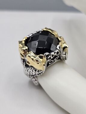 Swarovski Black Faceted Stone Two-Tone Gold & Silver Dragon Ring